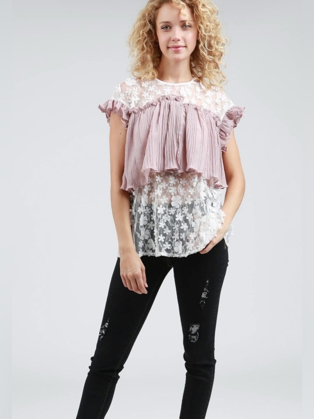 POL size Med Loose Fitting Sheer Floral Shimmery Lace Top with Dusty Pink Ruffle